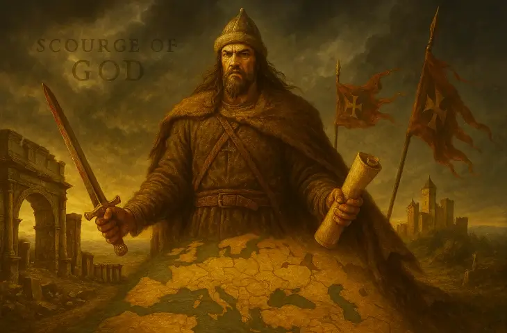 Kılıç ve parşömen tutan Attila’nın Avrupa haritası üzerinde güçlü bir figür olarak betimlendiği, arka planda Roma kalıntıları ve sancakların görüldüğü sembolik sahne.